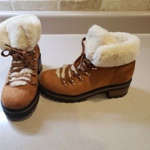 Super cute, like new, brown booties with cream faux fur.